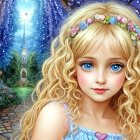 Young girl with blonde hair in flower crown in enchanted forest.