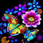 Vibrant butterflies on vivid flowers in neon paint on black background