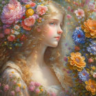 Young girl with curly hair in lush floral setting