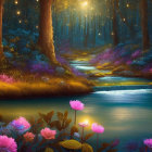 Enchanting forest scene with glowing trees, serene waterfall, radiant flowers, and starlit sky