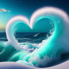 Heart-shaped wave in romantic oceanic scene at dusk