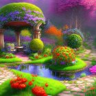 Fantasy landscape with whimsical houses, colorful flora, and dreamlike trees