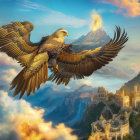 Giant eagle soaring over snowy mountains with illuminated castles