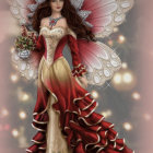 Golden-haired angel with white wings in red dress on gold background