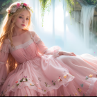 Woman with long wavy hair and rose, in pink ruffled dress by waterfall.