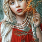 Portrait of a girl with long blond hair, red garment, adorned with flowers and sunflower.