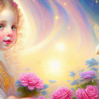 Young girl with curly hair in vibrant floral and cosmic setting