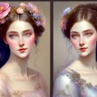 Split image of woman with floral headpiece and blue-streaked hair next to flower illustrations on faded