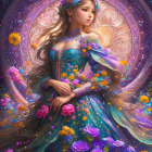 Fantasy artwork: Woman with flowing hair, vibrant flowers, glowing orbs, and archway