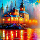 Fantastical painting of ornate castle on water with gondola, mosaic-like sky