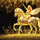 Woman on White Horse in Gold with Sparkling Lights on Dark Background