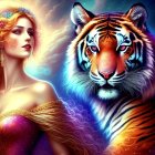 Illustration of woman with floral tiger in magical starry scene