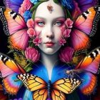 Colorful digital artwork: Woman with butterfly wings, surrounded by butterflies, flowers, and cosmic aura