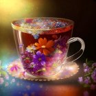 Translucent teacup with floral design and gold rim on glossy surface