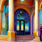 Vibrant fantasy palace balcony with couple, sea view, and lush flora