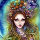 Digital Artwork: Woman with Floral Hair and Cosmic Background