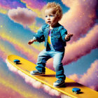 Blond toddler in denim jacket on skateboard under cosmic sky