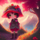 Anime-style illustration: Girl in floral hat in magical forest with pink trees.