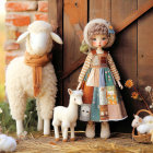 Patchwork dress doll with sheep and lamb figurine on rustic wooden backdrop.