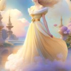 Woman in Gold Dress Surrounded by Dreamlike Sky