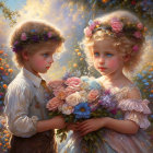 Vintage Attired Children Holding Bouquet in Dreamy Butterfly Scene