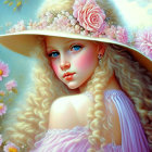 Young woman with curly blonde hair in wide-brimmed hat surrounded by roses in digital art