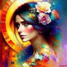 Colorful digital artwork: Woman with flowing floral hair and outfit