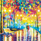 Vibrant impressionistic painting of a rainy night street