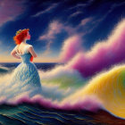 Whimsical lady in flowing dress amid vibrant waves and dreamy sky