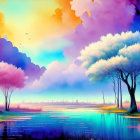 Colorful landscape painting: whimsical trees, pink and blue foliage, luminous sun, tranquil lake