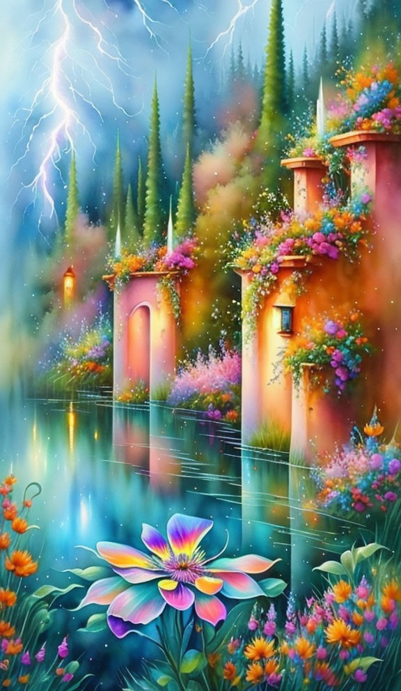 Vibrant fantasy garden with flowering trees and lightning bolt