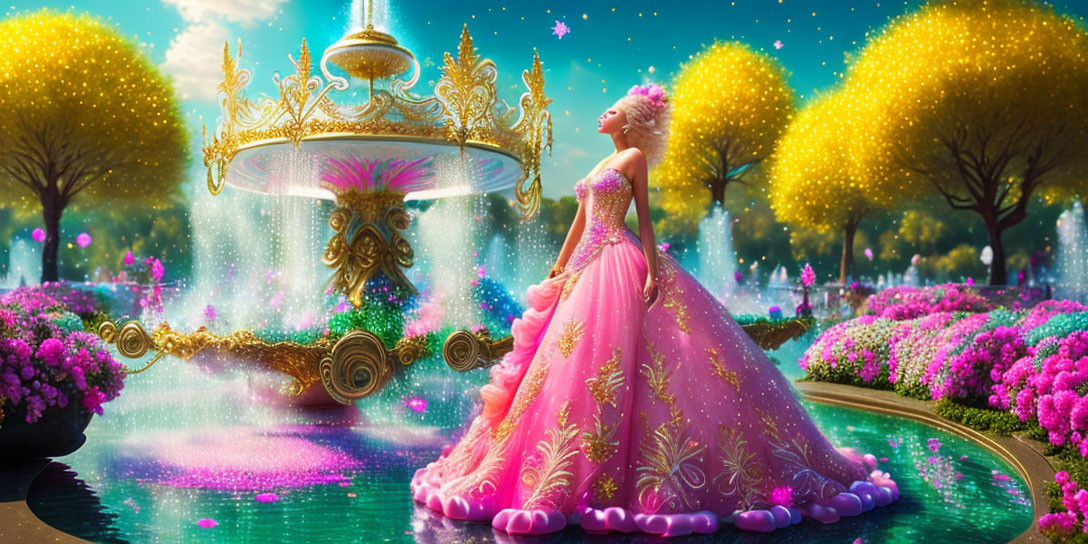 Woman in pink princess gown by sparkling fountain in vibrant fantasy garden