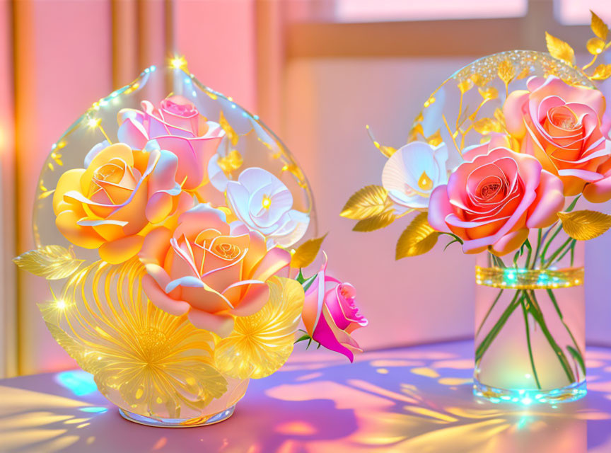 Ornate vases with glowing roses and orchids in warm light