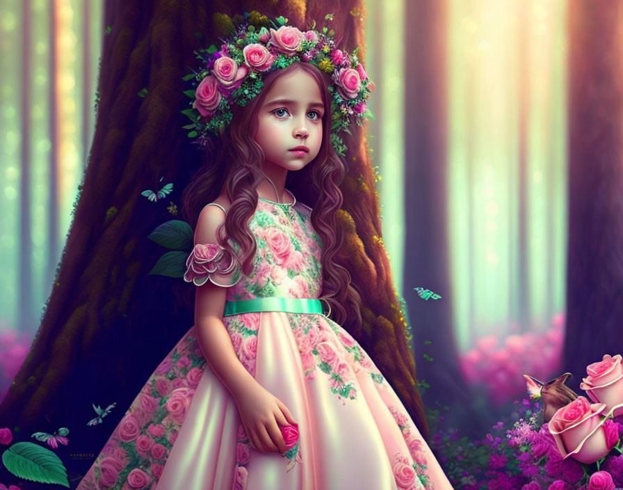 Young girl in floral dress with rose crown in colorful forest