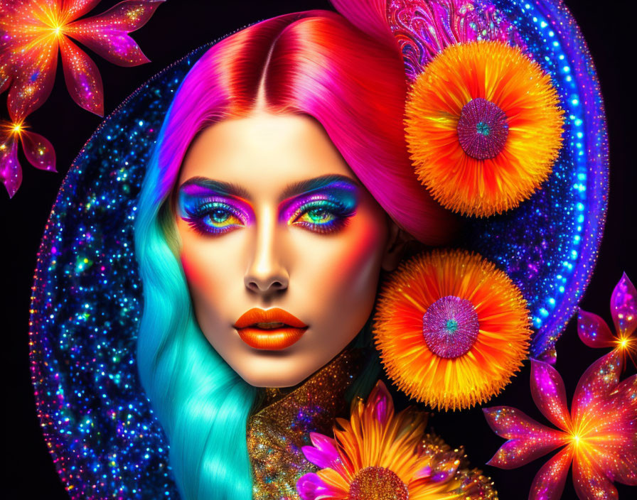 Colorful digital artwork: Woman with neon hair, vibrant makeup, luminous flowers, galaxy hat