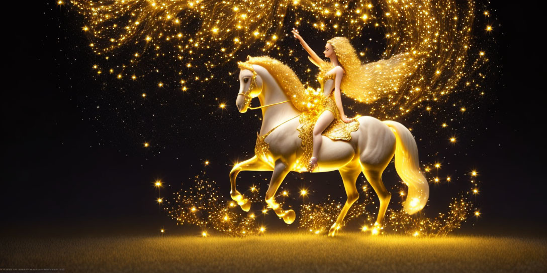 Woman on White Horse in Gold with Sparkling Lights on Dark Background