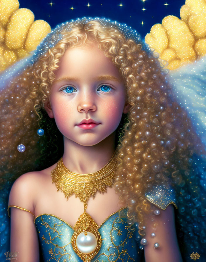 Young Girl Portrait with Curly Hair, Blue Eyes, Starry Background, Gold & Pearl Jewelry