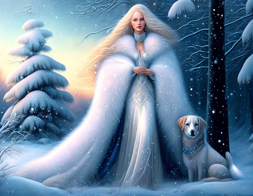 Blonde woman in white fur cloak with dog in snowy landscape