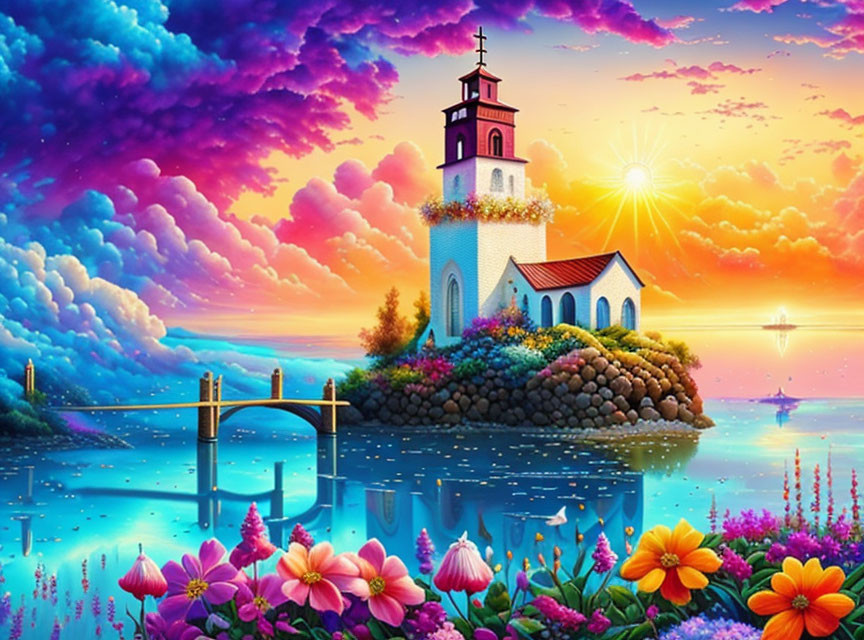 Vibrant fantasy landscape with church, flowers, water, and dramatic sky