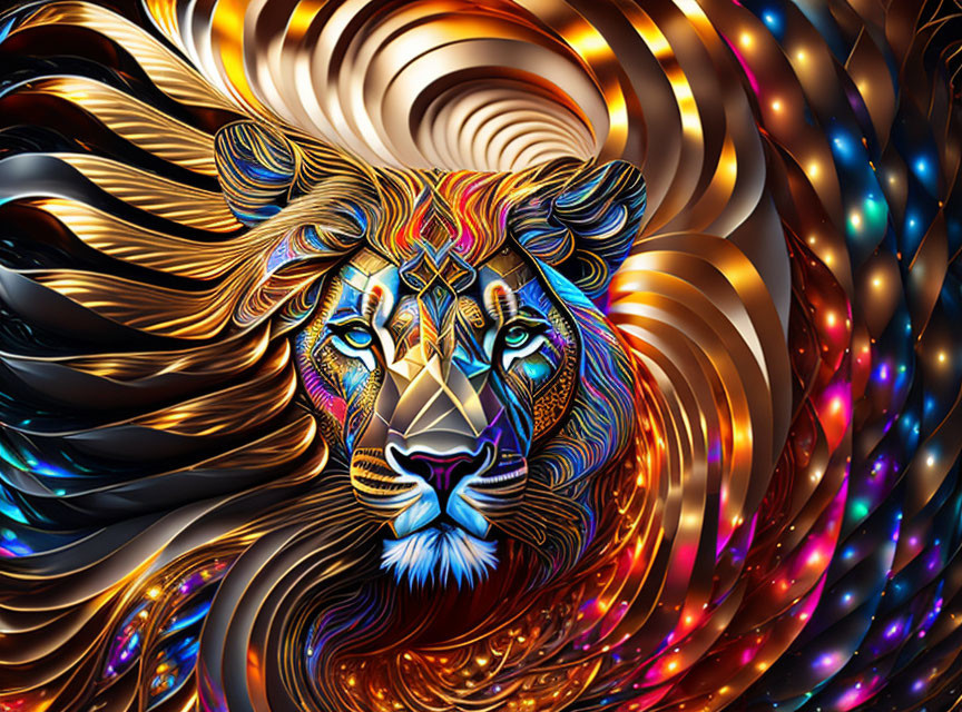 Colorful Digital Lion Artwork with Vibrant Fractal Mane