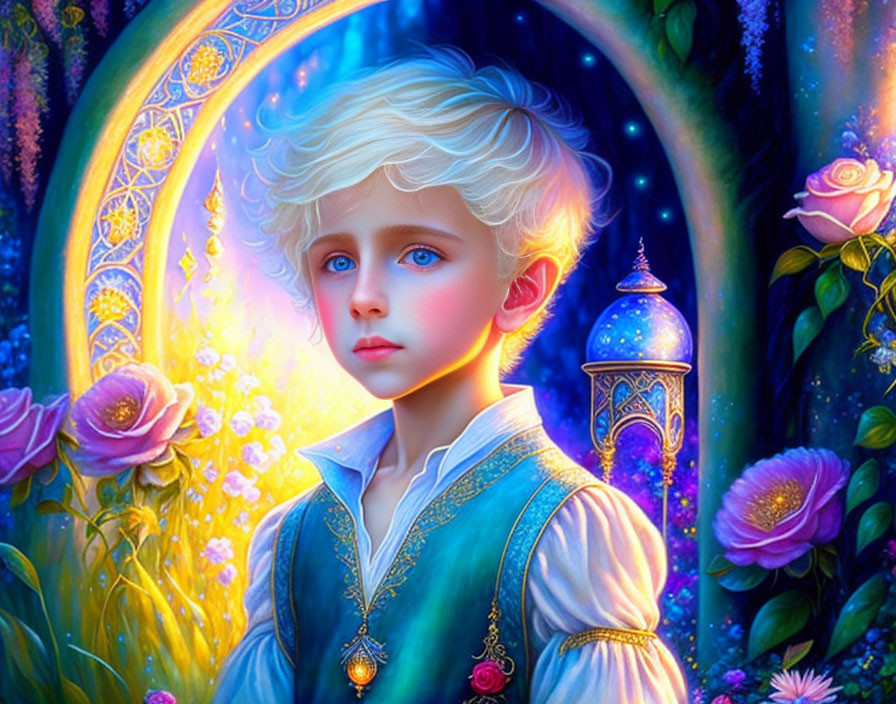 Illustration of young boy with blue eyes in enchanted garden