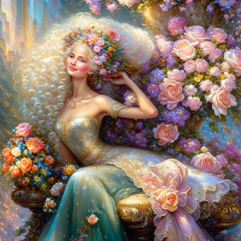 Floral crown woman in yellow and blue gown surrounded by roses