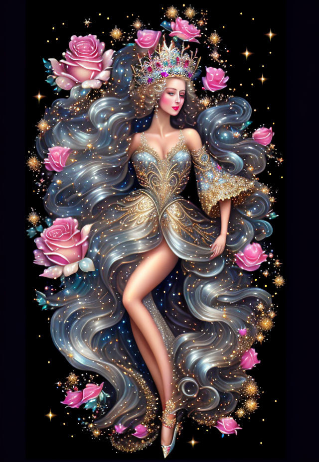 Illustration of woman with crown, roses, stars, gold & white dress