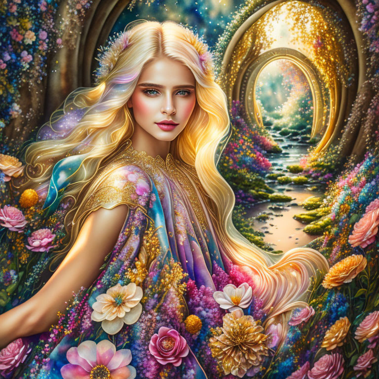 Blonde woman in floral dress among flowers in enchanted garden