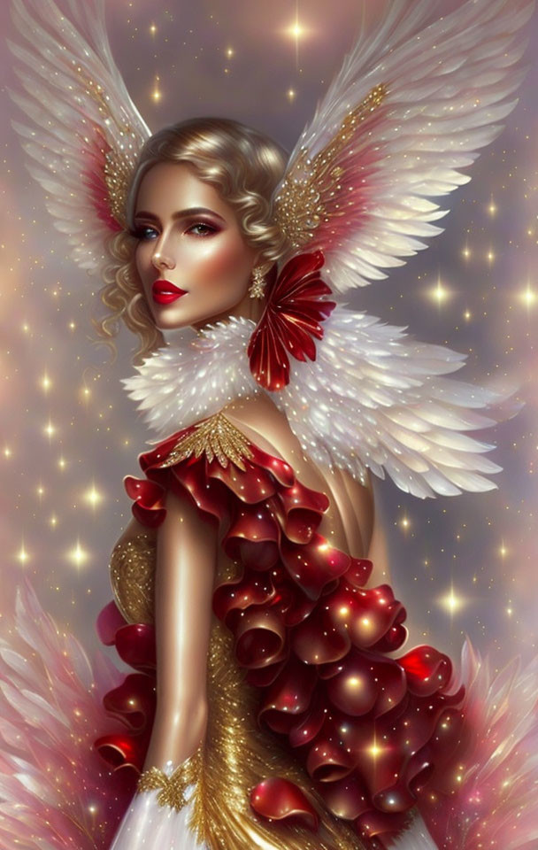 Golden-haired angel with white wings in red dress on gold background