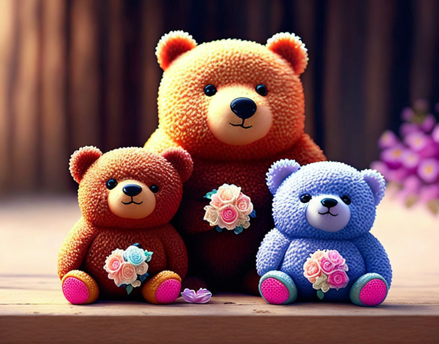 Colorful Teddy Bears with Flowers on Wooden Surface Against Soft-focus Background