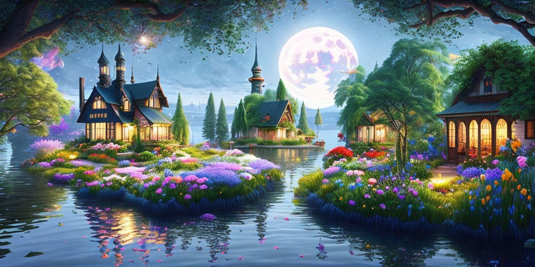 Vibrant lakeside scene with flowers, cottages, full moon