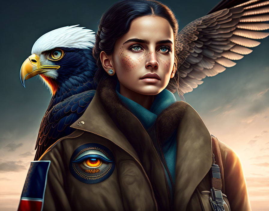 Digital artwork featuring woman with freckles and stylized eagle against dusk sky