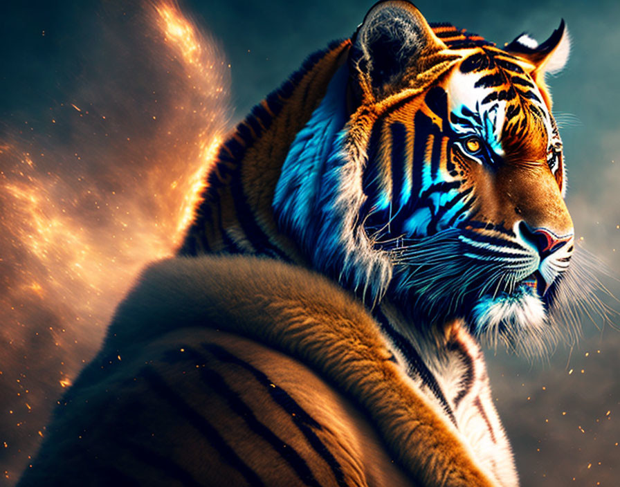 Majestic tiger with vibrant orange and black stripes in fiery space-like setting