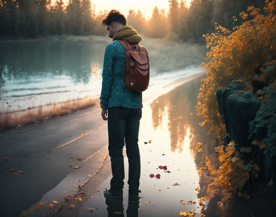 Person with scarf and backpack by misty lake in autumn forest landscape